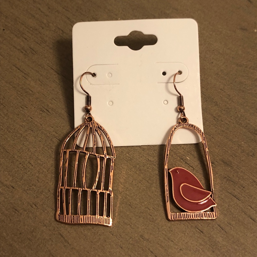 Copper Tone Birdcage Earrings with Red Bird